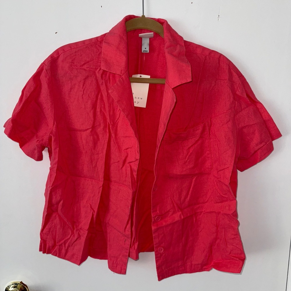 A New Day Women's Linen Blend Button-Down Short Sleeve Shirt Coral Pink Size M